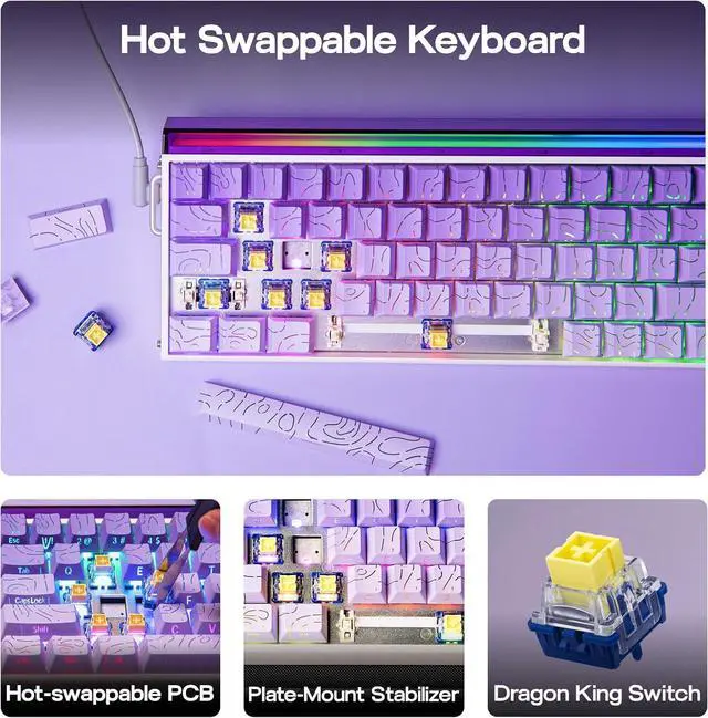 Alt view image 4 of 7 - EPOMAKER Aula Hero 68 HE Wired Magnetic Gaming Keyboard, 0.01mm Adjustable Actuation, Rapid Hall Effect Switch, 8kHz Polling, 5-Layer Sound Dampening, RGB Box & Backlight (Purple)