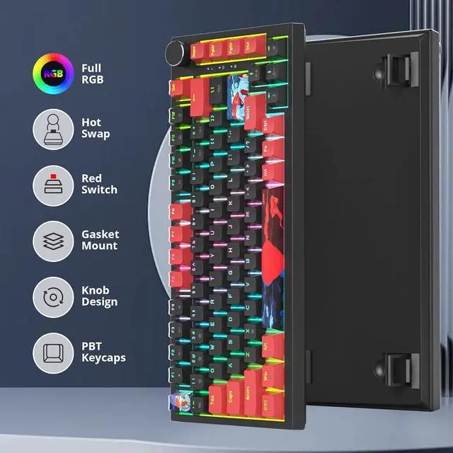 Alt view image 2 of 6 - 75 Percent Keyboard Gasket-Mounted with Sound Absorbing Pads, 82-Key Compact Wired RGB Mechanical Gaming Keyboard Hot-Swap Socket for Win, Red Black