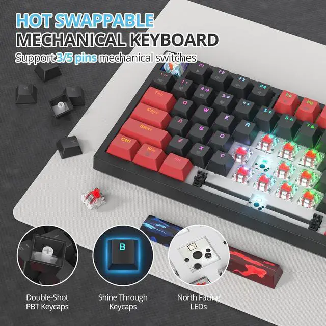 Alt view image 4 of 6 - 75 Percent Keyboard Gasket-Mounted with Sound Absorbing Pads, 82-Key Compact Wired RGB Mechanical Gaming Keyboard Hot-Swap Socket for Win, Red Black