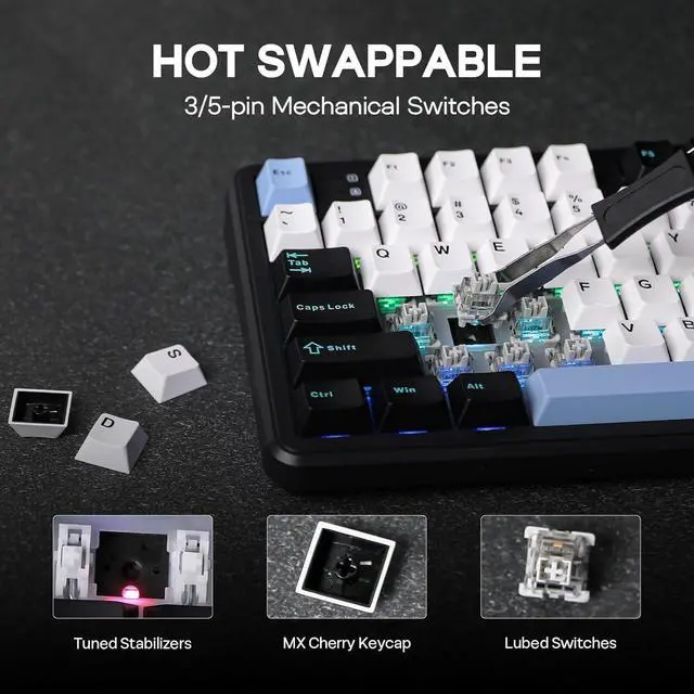 Alt view image 5 of 7 - EPOMAKER Aula F108 Wireless Gaming Keyboard, Full Size Mechanical Keyboard with 4000mAh Battery, 108 Hot-Swappable and Programmable Keys, RGB Backlight, for Mac/PC/Android (Blue&White&Black)