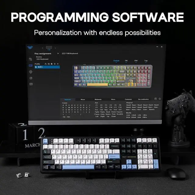 Alt view image 6 of 7 - EPOMAKER Aula F108 Wireless Gaming Keyboard, Full Size Mechanical Keyboard with 4000mAh Battery, 108 Hot-Swappable and Programmable Keys, RGB Backlight, for Mac/PC/Android (Blue&White&Black)