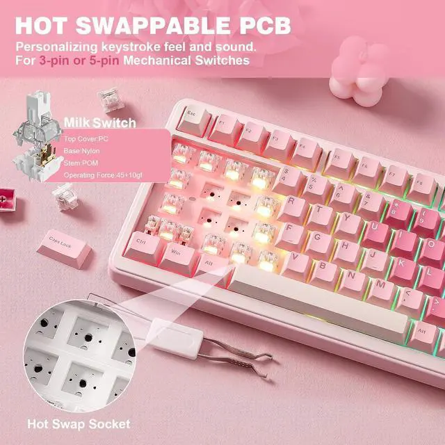 Alt view image 5 of 7 - YUNZII B75 PRO Wireless Mechanical Keyboard,75% Layout with Knob,Hot Swap Gasket Custom Structure,Creamy Pre-lubed Switches,RGB Backlit,Bluetooth/Type-C/2.4G for Win/Mac(Milk Switch,Pink)