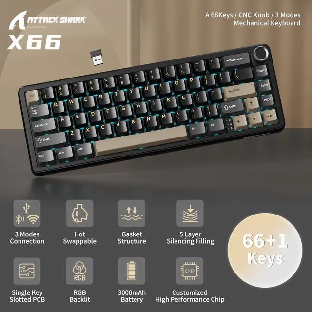 Alt view image 2 of 7 - ATTACK SHARK X66 Wireless Mechanical Gaming Keyboard with Knob,Tri Mode USB-C/BT5.0/2.4G Gasket Mounted 60% RGB Gaming Keyboard 66Keys,PBT Keycap, Hot Swappable Custom Strawberry Switch(Star Black)