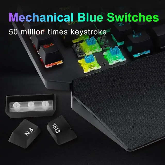 Alt view image 7 of 7 - One Handed Mechanical Gaming Keyboard, RGB Led Backlit, 6 Onboard Macro Keys, Detachable Wrist Rest, Red Switch and Detachable Type C Cable, Metal Panel, All Keys No Conflict