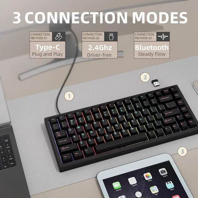 Alt view image 2 of 7 - 75% Wireless Gaming Keyboard RGB Triple Mode Hot Swappable Mechanical Keyboards PBT Keys Gasket Creamy Custom Keybad Quiet White Switch for Win/MAC