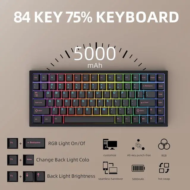 Alt view image 3 of 7 - 75% Wireless Gaming Keyboard RGB Triple Mode Hot Swappable Mechanical Keyboards PBT Keys Gasket Creamy Custom Keybad Quiet White Switch for Win/MAC