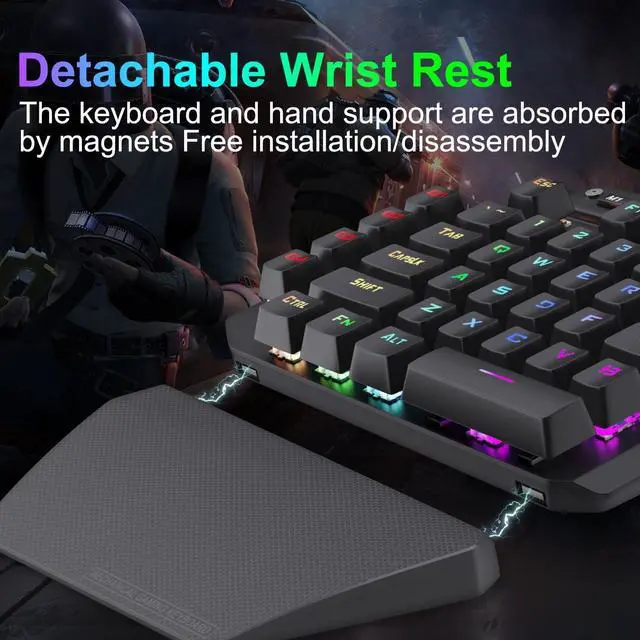 Alt view image 5 of 7 - One Handed Mechanical Gaming Keyboard, RGB Led Backlit, 6 Onboard Macro Keys, Detachable Wrist Rest, Red Switch and Detachable Type C Cable, Metal Panel, All Keys No Conflict