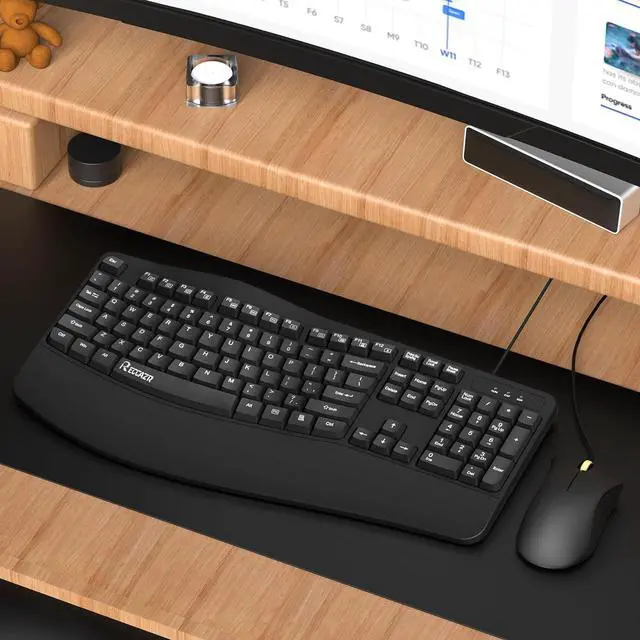 Alt view image 6 of 7 - RECCAZR Ergonomic Keyboard, Wired Computer USB Keyboard with Wrist Rest, Spill-Resistant, Wave Keys for Natural Typing, Compatible with Windows/PC/Laptop(Black)