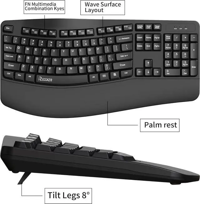 Alt view image 7 of 7 - RECCAZR Ergonomic Keyboard, Wired Computer USB Keyboard with Wrist Rest, Spill-Resistant, Wave Keys for Natural Typing, Compatible with Windows/PC/Laptop(Black)