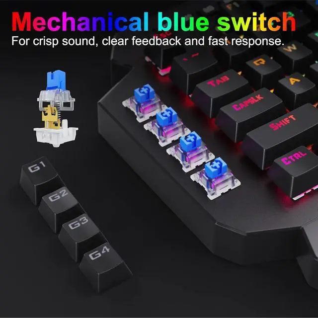 Alt view image 7 of 7 - Wireless One Handed Mechanical Gaming Keyboard, 6 Onboard Macro Keys, 2.4Ghz and USB-C Wired Dual Mode, RGB Led Backlit Blue Switch, Wrist Rest, Durable Battery
