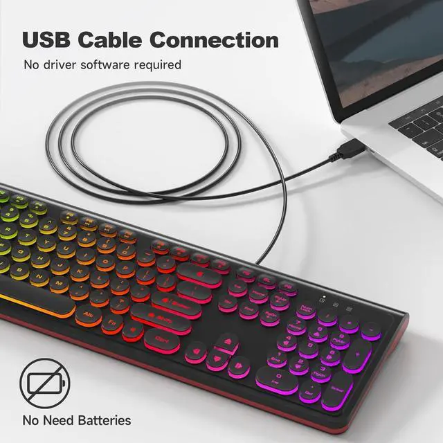 Alt view image 3 of 7 - USB Wired Keyboard with Backlit 7-Colors, Full Size Keyboard with Retro Keycaps, Numeric Keypad and Media Hotkey for Computer Desktop PC Laptop and Windows 7 8 10 11