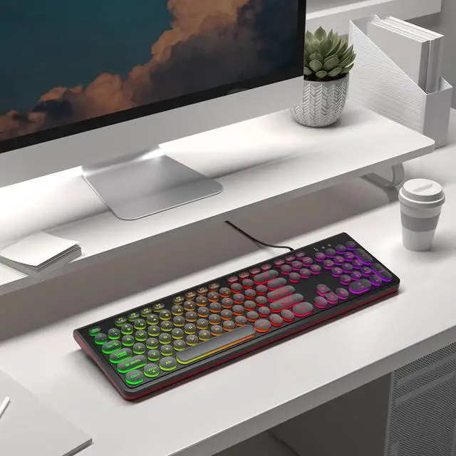 Alt view image 5 of 7 - USB Wired Keyboard with Backlit 7-Colors, Full Size Keyboard with Retro Keycaps, Numeric Keypad and Media Hotkey for Computer Desktop PC Laptop and Windows 7 8 10 11