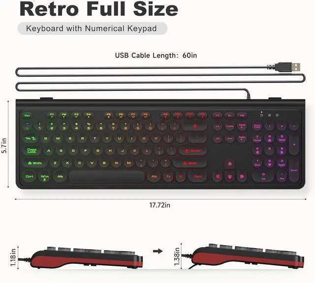 Alt view image 7 of 7 - USB Wired Keyboard with Backlit 7-Colors, Full Size Keyboard with Retro Keycaps, Numeric Keypad and Media Hotkey for Computer Desktop PC Laptop and Windows 7 8 10 11