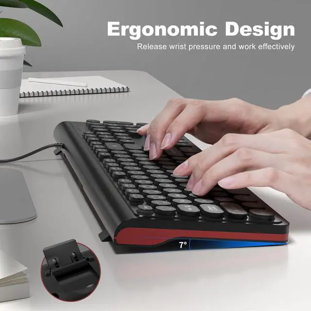 Alt view image 4 of 7 - USB Wired Keyboard with Backlit 7-Colors, Full Size Keyboard with Retro Keycaps, Numeric Keypad and Media Hotkey for Computer Desktop PC Laptop and Windows 7 8 10 11