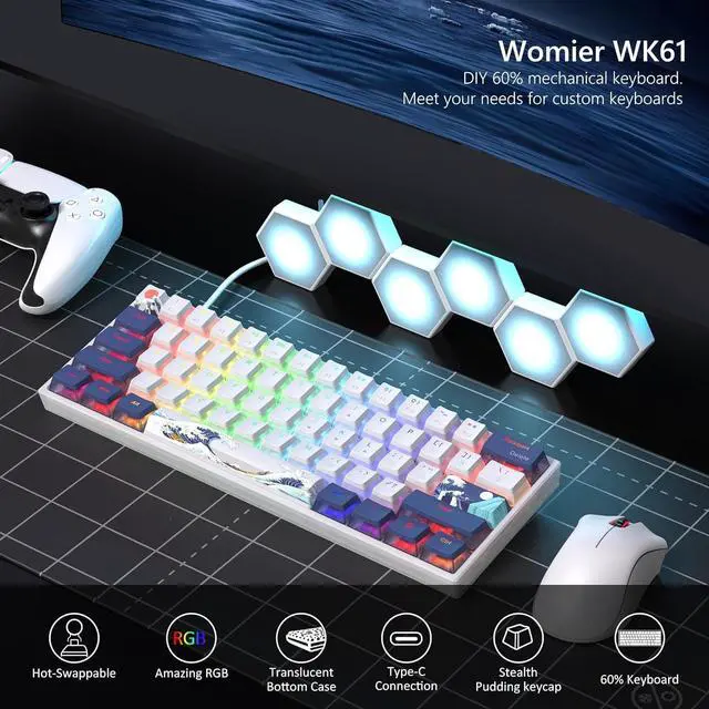 Alt view image 2 of 6 - Womier 60% Percent Keyboard Gaming, WK61 Creamy Mechanical Wired Keyboard Anime, Hot-Swappable RGB Key Board with PBT Keycaps for Windows PC Gamers - POM Linear Red Switch(White Kanagawa)