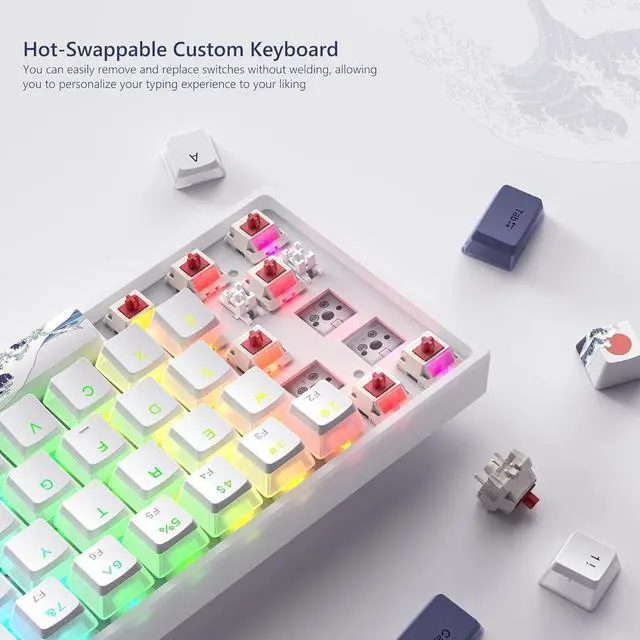 Alt view image 3 of 6 - Womier 60% Percent Keyboard Gaming, WK61 Creamy Mechanical Wired Keyboard Anime, Hot-Swappable RGB Key Board with PBT Keycaps for Windows PC Gamers - POM Linear Red Switch(White Kanagawa)