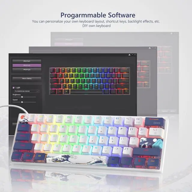 Alt view image 4 of 6 - Womier 60% Percent Keyboard Gaming, WK61 Creamy Mechanical Wired Keyboard Anime, Hot-Swappable RGB Key Board with PBT Keycaps for Windows PC Gamers - POM Linear Red Switch(White Kanagawa)