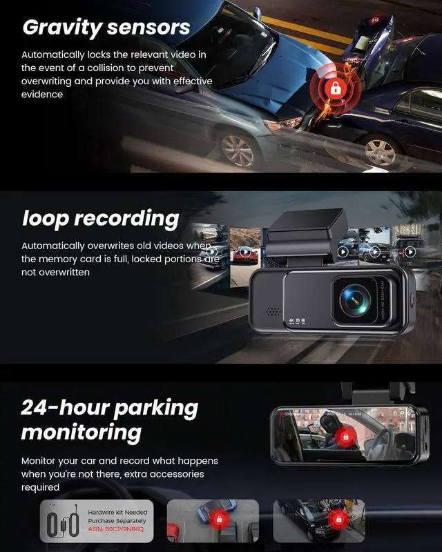 Alt view image 5 of 7 - COOLCRAZY 4K Dash Cam Front, Built-in WiFi GPS, Dash Camera for Cars, 3.2" IPS Screen Dashcam with App Control, Free 32G Card, 170°Wide Angle, 24H Parking Mode, WDR, Night Vision, G-Sensor
