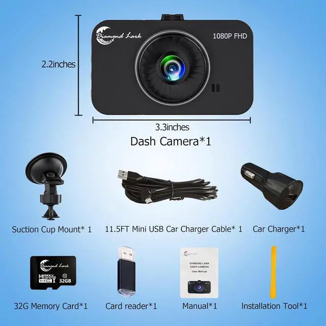 Alt view image 6 of 6 - 1080P Full HD Dash Camera for Cars, Diamond Lark Dash Cam Front with 32G SD Card, 3LCD Screen, 170°Wide Angle, Dashboard DashCam with Loop Recording, HDR, Night Vision, G-Sensor, Parking Monitor