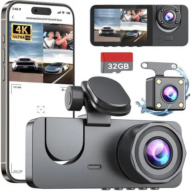 Main image of Dash Cam Front and Rear Inside,4K Full HD 3 Channel Dash Camera for Cars, Free 32GB Card, 2'' IPS Screen Dashcam with Night Vision, G-Sensor, 24H Parking Mode, 170°Wide Angle, Loop Recording