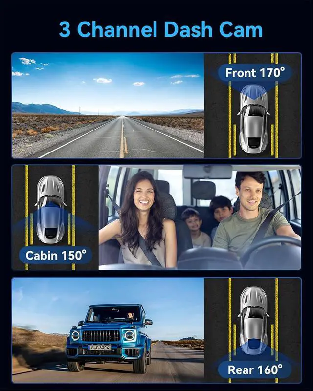 Alt view image 2 of 6 - Dash Cam Front and Rear Inside,4K Full HD 3 Channel Dash Camera for Cars, Free 32GB Card, 2'' IPS Screen Dashcam with Night Vision, G-Sensor, 24H Parking Mode, 170°Wide Angle, Loop Recording