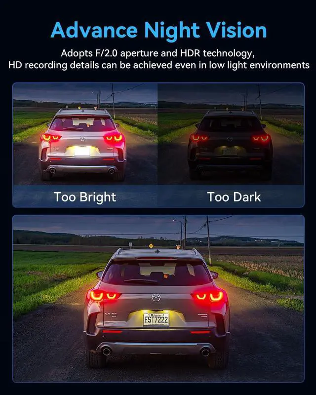 Alt view image 5 of 6 - Dash Cam Front and Rear Inside,4K Full HD 3 Channel Dash Camera for Cars, Free 32GB Card, 2'' IPS Screen Dashcam with Night Vision, G-Sensor, 24H Parking Mode, 170°Wide Angle, Loop Recording