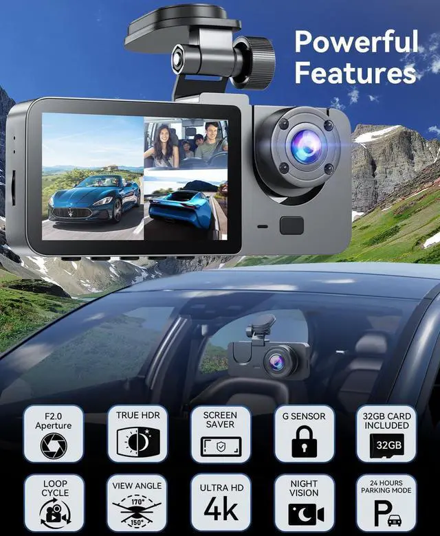 Alt view image 6 of 6 - Dash Cam Front and Rear Inside,4K Full HD 3 Channel Dash Camera for Cars, Free 32GB Card, 2'' IPS Screen Dashcam with Night Vision, G-Sensor, 24H Parking Mode, 170°Wide Angle, Loop Recording