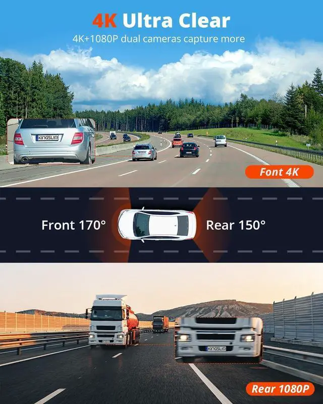 Alt view image 2 of 7 - Kingslim 4K Dash Cam Front and Rear with 64GB SD Card, 5G WiFi Dash Camera for Cars, 1.5'' Screen Dashcam Wireless APP Control, Support G-Sensor/Time Lapse 2 Kinds Parking Monitor