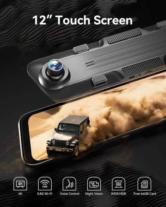 Alt view image 2 of 7 - WOLFBOX 12" 4K Rear View Mirror Camera with 5.8GHz WiFi and Voice Control, Smart Mirror Dash Cam Front and Rear, Backup Camera with 1080P Rear Camera, Dash Cam with WDR, Includes 64GB Card & GPS