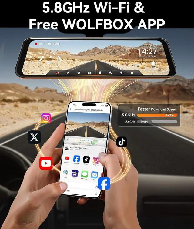 Alt view image 3 of 7 - WOLFBOX 12" 4K Rear View Mirror Camera with 5.8GHz WiFi and Voice Control, Smart Mirror Dash Cam Front and Rear, Backup Camera with 1080P Rear Camera, Dash Cam with WDR, Includes 64GB Card & GPS