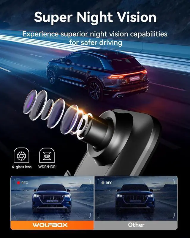 Alt view image 5 of 7 - WOLFBOX 12" 4K Rear View Mirror Camera with 5.8GHz WiFi and Voice Control, Smart Mirror Dash Cam Front and Rear, Backup Camera with 1080P Rear Camera, Dash Cam with WDR, Includes 64GB Card & GPS