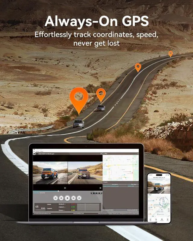 Alt view image 6 of 7 - WOLFBOX 12" 4K Rear View Mirror Camera with 5.8GHz WiFi and Voice Control, Smart Mirror Dash Cam Front and Rear, Backup Camera with 1080P Rear Camera, Dash Cam with WDR, Includes 64GB Card & GPS