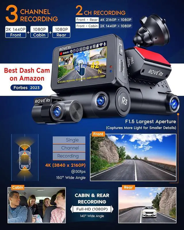 Alt view image 3 of 7 - ROVE R3 Dash Cam Front and Rear with Cabin, 3 IPS Touch Screen, 3 Channel Dash Cam 1440P+1080P+1080P, IR Night Vision, 5GHz WiFi, Up to 30MB/s Download Speed, Quad-Mode GPS, Supports 512GB Max