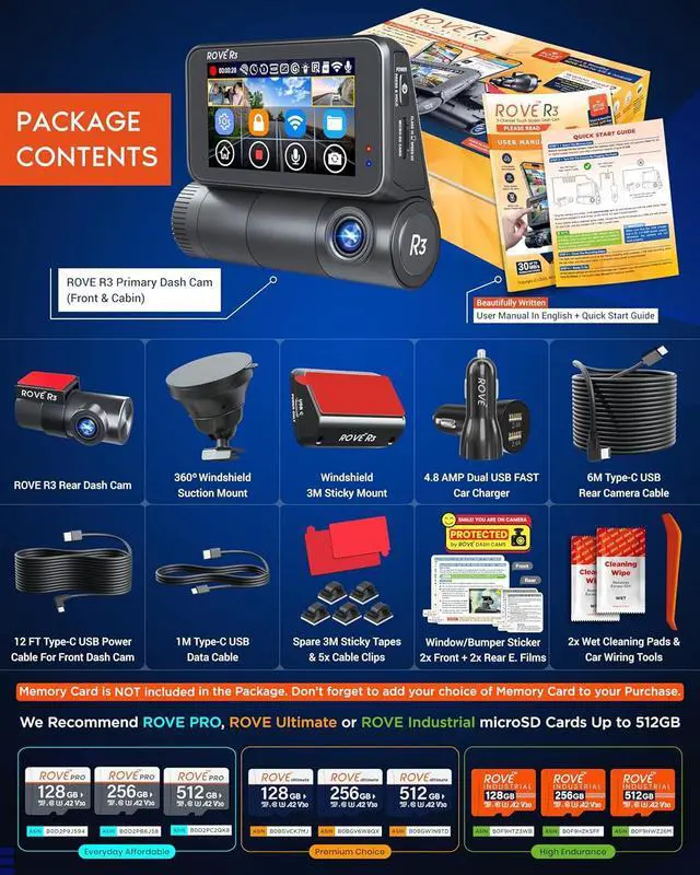 Alt view image 6 of 7 - ROVE R3 Dash Cam Front and Rear with Cabin, 3 IPS Touch Screen, 3 Channel Dash Cam 1440P+1080P+1080P, IR Night Vision, 5GHz WiFi, Up to 30MB/s Download Speed, Quad-Mode GPS, Supports 512GB Max