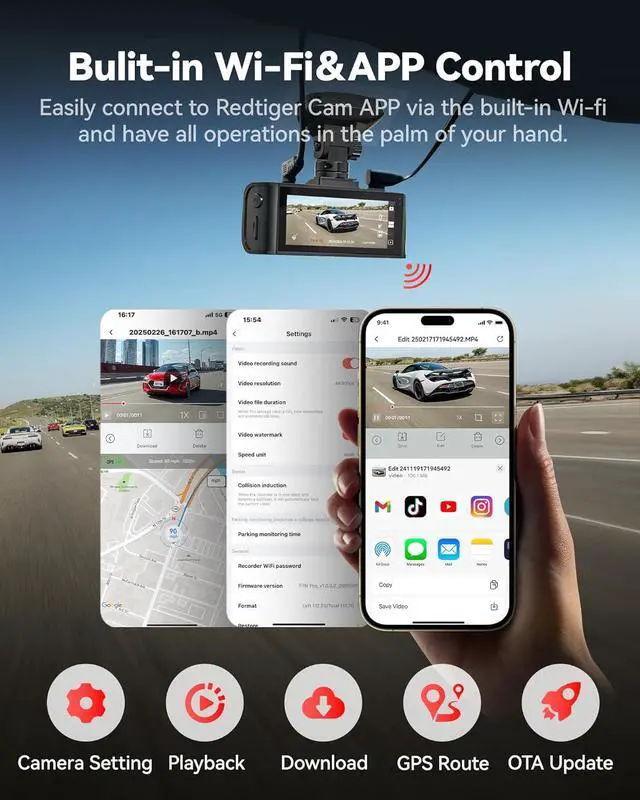 Alt view image 4 of 7 - REDTIGER 4K Dash Cam Front and Rear, STARVIS 2 Sensor, 64GB Card Included, 4K/2.5K+1080P Dual Dash Camera for Cars Built-in WiFi GPS, 3.18 Inch IPS Screen, 170° Wide Angle, Parking Monitor (F7N Pro)