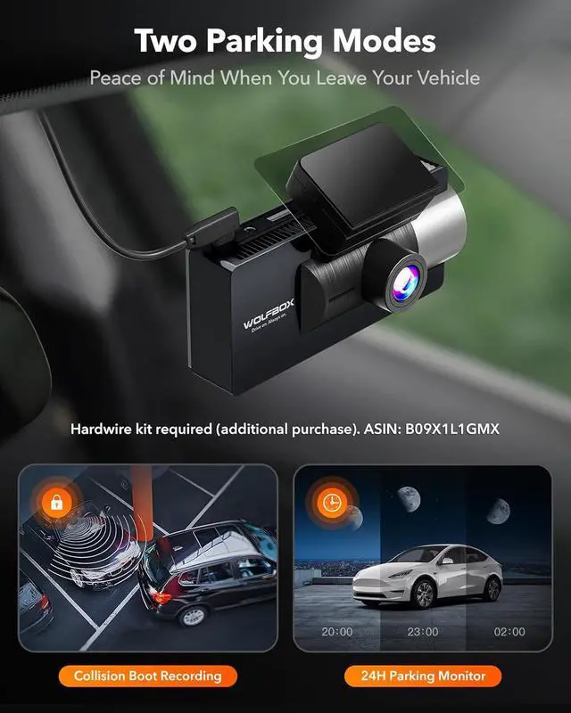 Alt view image 7 of 7 - WOLFBOX i17 4K 3 Channel Dash Cam, 5.8GHz WiFi & GPS with 64GB Card, 4K+1080P+1080P Dash Cam Front and Rear Inside, Triple Car Camera with 3 Inch Screen, IR Night Vision, WDR, 24H Parking Mode