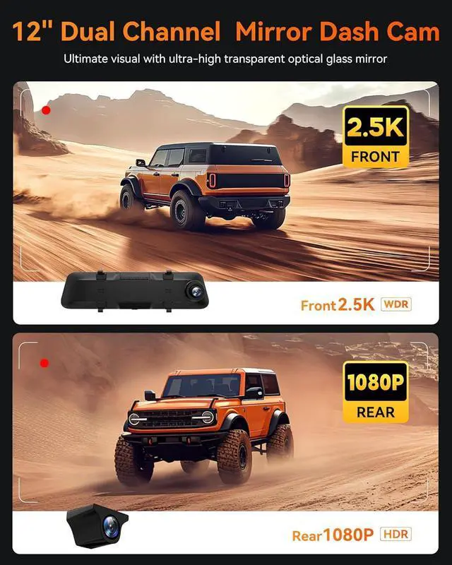 Alt view image 5 of 7 - WOLFBOX G840H 12'' Mirror Dash Cam with ADAS and BSD, 2.5K Rear View Mirror Camera Front and Rear, 5.8GHz WiFi, Voice Control, Parking Monitor, Included 32GB Card & GPS, Loop Recording