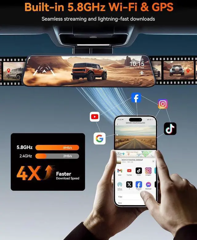 Alt view image 4 of 7 - WOLFBOX G840H 12'' Mirror Dash Cam with ADAS and BSD, 2.5K Rear View Mirror Camera Front and Rear, 5.8GHz WiFi, Voice Control, Parking Monitor, Included 32GB Card & GPS, Loop Recording