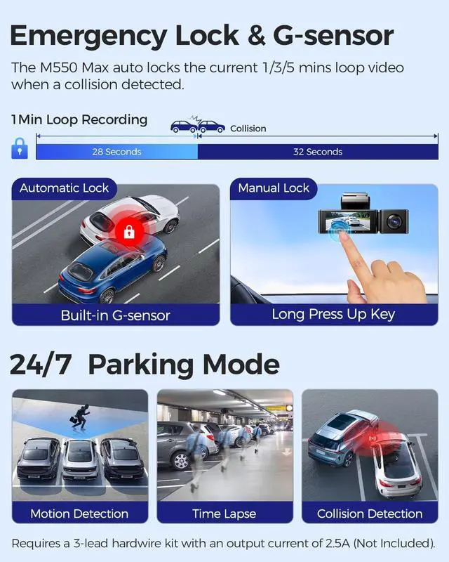Alt view image 7 of 7 - AZDOME M550 Max 4K 3 Channel Dash Cam, Dual STARVIS Sensors, 4K+2.5K+1080P Front and Rear Inside Triple Car Camera, Built-in WiFi GPS, 64GB Card Included, IR Night Vision, WDR, 24H Parking Mode