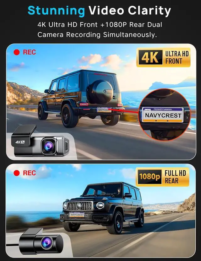 Alt view image 2 of 7 - Navycrest 4K Dash Cam Front and Rear with 64GB Card, Built-in 5G WiFi, Dash Camera for Cars 4K Front and 1080P Rear, Dashcams for Cars Loop Recording, Gravity Sensor, 24-Hours Parking Mode