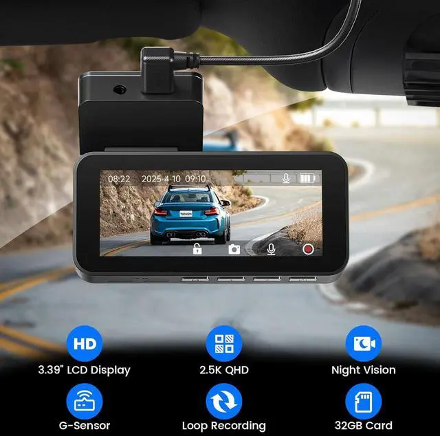 Alt view image 3 of 7 - Dash Cam Front and Rear 2.5K QHD, 3.39" Dash Camera for Cars with 64GB Card, 160° and 160° Wide Angle, G-Sensor, 24H, Front Rear Car CameraSupport 256 GB Max