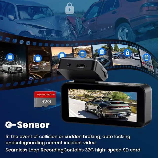 Alt view image 7 of 7 - Dash Cam Front and Rear 2.5K QHD, 3.39" Dash Camera for Cars with 64GB Card, 160° and 160° Wide Angle, G-Sensor, 24H, Front Rear Car CameraSupport 256 GB Max