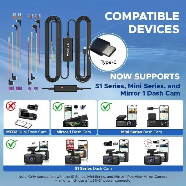 Alt view image 4 of 7 - Miofive USB Type-C Hardwire Kit Only for Miofive S1 & Mini Series and Mirror 1 Dash Cam, Activate Parking Mode and Low Voltage Protection, 11.5 ft / 350 cm (Need Purchase Separately)