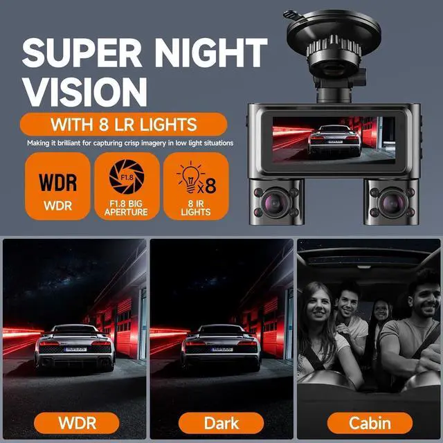 Alt view image 6 of 7 - 360° Dash Cam Front and Rear Inside, 4 Channel Dash Camera for Cars FHD 1080Px4, Built-in Wi-Fi, 3.16 IPS Screen, WDR Night Vision, Voice Control, Included 64GB Card, 24H Parking Mode