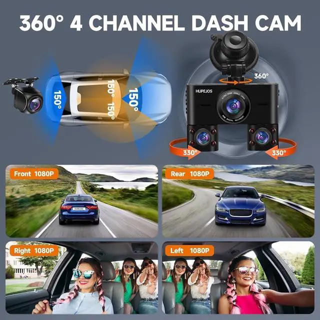 Alt view image 4 of 7 - 360° Dash Cam Front and Rear Inside, 4 Channel Dash Camera for Cars FHD 1080Px4, Built-in Wi-Fi, 3.16 IPS Screen, WDR Night Vision, Voice Control, Included 64GB Card, 24H Parking Mode