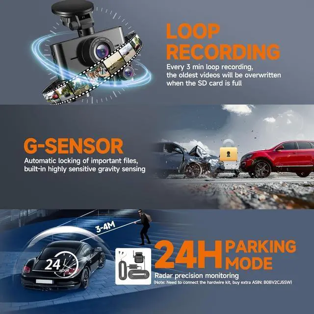 Alt view image 5 of 7 - 360° Dash Cam Front and Rear Inside, 4 Channel Dash Camera for Cars FHD 1080Px4, Built-in Wi-Fi, 3.16 IPS Screen, WDR Night Vision, Voice Control, Included 64GB Card, 24H Parking Mode