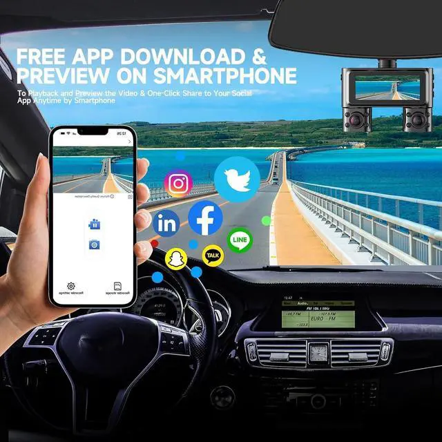 Alt view image 7 of 7 - 360° Dash Cam Front and Rear Inside, 4 Channel Dash Camera for Cars FHD 1080Px4, Built-in Wi-Fi, 3.16 IPS Screen, WDR Night Vision, Voice Control, Included 64GB Card, 24H Parking Mode