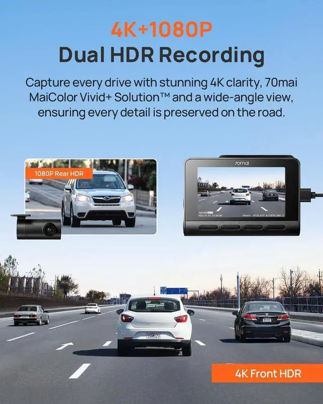 Alt view image 2 of 7 - 70mai A810 4K Dash Cam Front and Rear, Dual Dash Camera for Cars with Starvis 2 HDR Night Vision, 4G LTE Support, ADAS, Built in GPS & WiFi, 24/7 Parking Mode, AI Motion Detection, Time-Lapse