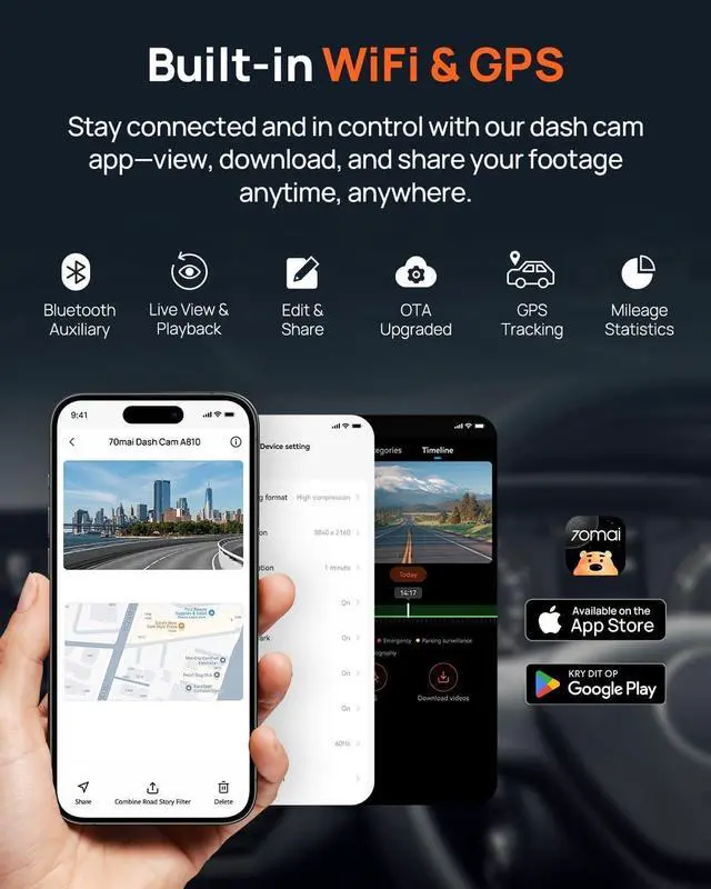 Alt view image 4 of 7 - 70mai A810 4K Dash Cam Front and Rear, Dual Dash Camera for Cars with Starvis 2 HDR Night Vision, 4G LTE Support, ADAS, Built in GPS & WiFi, 24/7 Parking Mode, AI Motion Detection, Time-Lapse