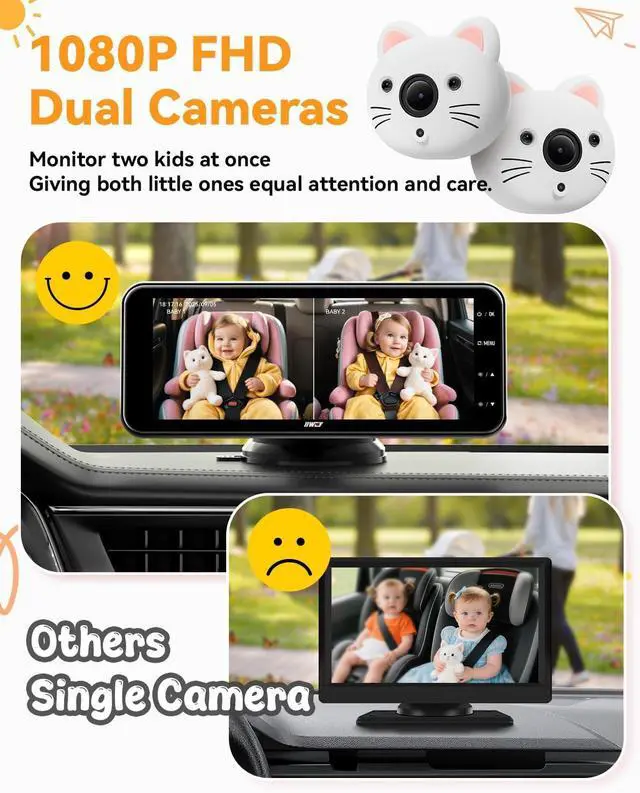 Alt view image 2 of 7 - Baby Car Camera for 2 Kids  6.9 IPS Split-Screen Monitor with Dual 1080P HD Rear-Facing Car Seat Cameras, Cute Replaceable Cat Covers, Night Vision, Type-C Power, Easy Install for Twins or Siblings